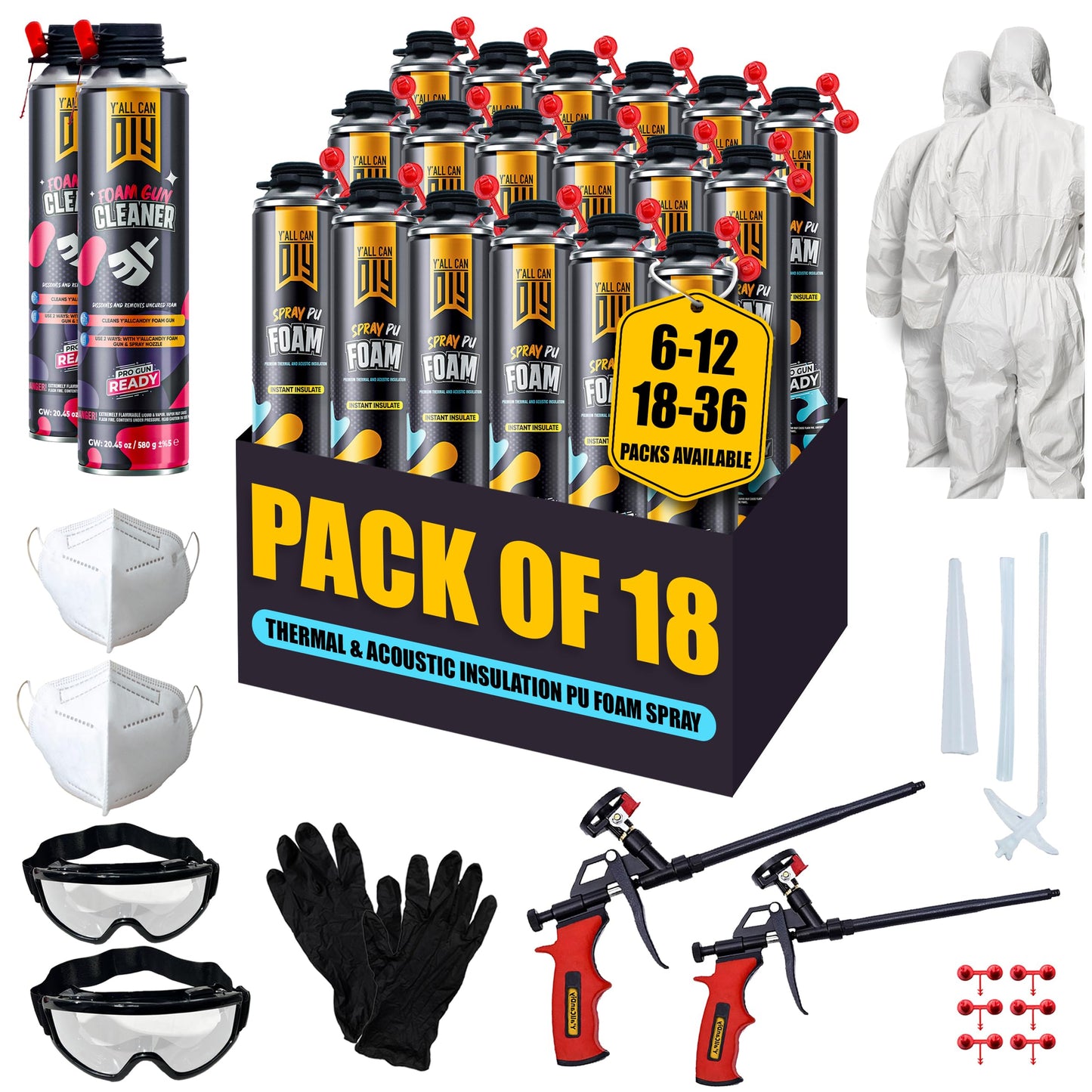 Spray Foam Insulation Kit for Walls & Attic -18 Pack Foam Insulation Spray - 360 Board ft/sq.ft. Heat & Sound Control, Energy Saving, Seal Gaps & Cracks Complete Kit (18x32.8 oz)