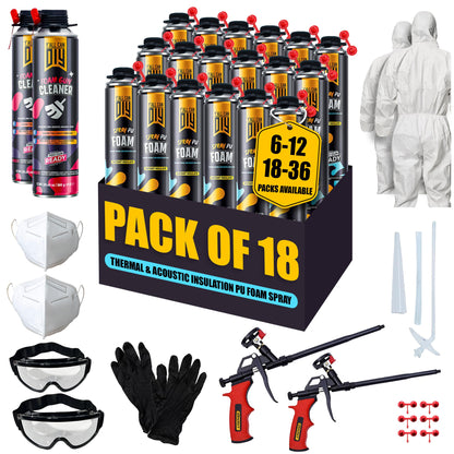 Spray Foam Insulation Kit for Walls & Attic -18 Pack Foam Insulation Spray - 360 Board ft/sq.ft. Heat & Sound Control, Energy Saving, Seal Gaps & Cracks Complete Kit (18x32.8 oz)