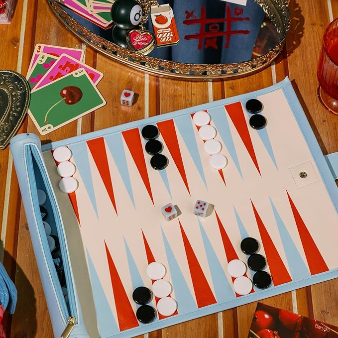 ban.do Cute Travel Games 3 in 1 Board Games for Adults Checkers Backgammon Leatherette Activity Roll Checkered