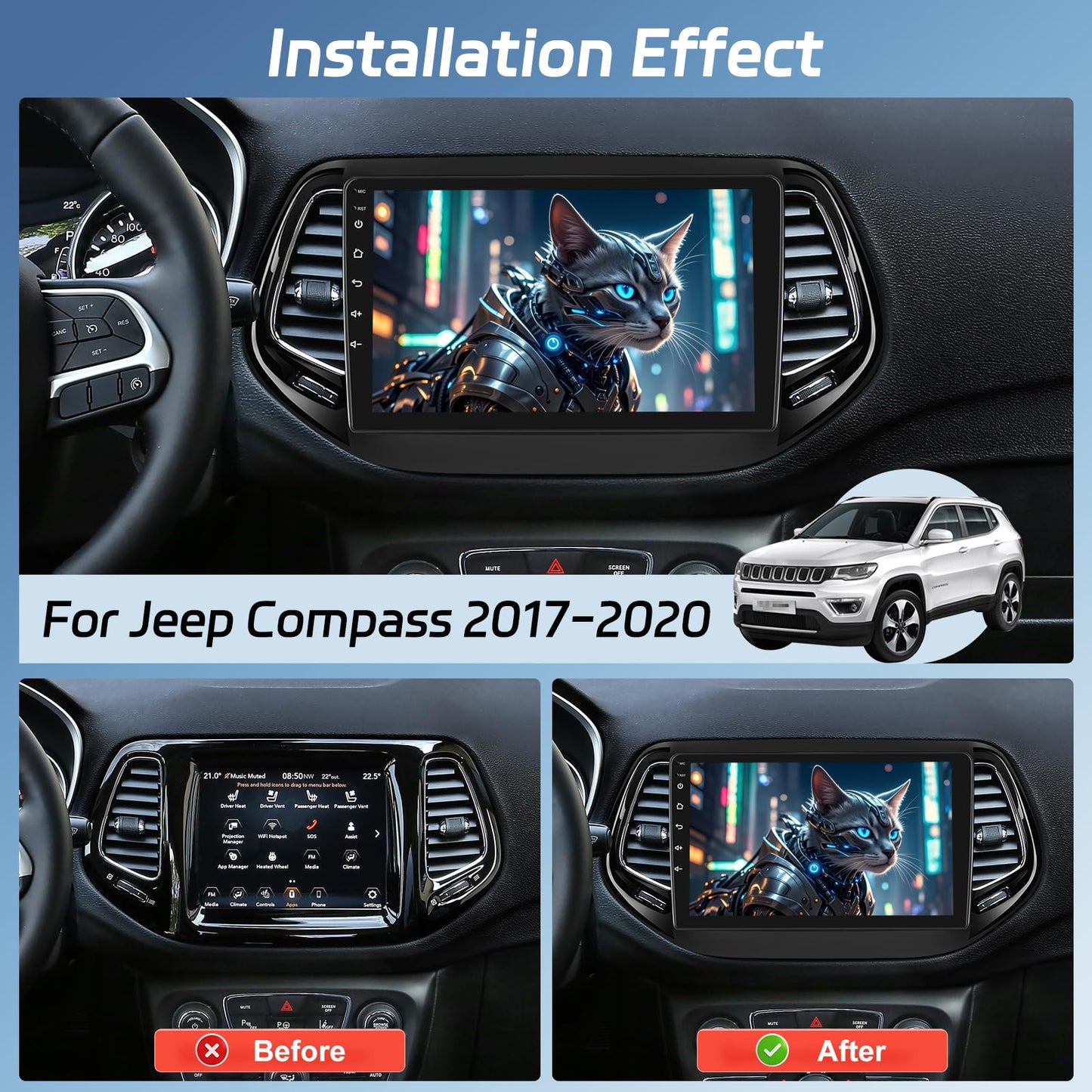 [2+64G] NHOPPEW Car Radio for Jeep Compass 2017-2020 with Wireless Carplay and Android Auto - 10.1 Inch Touch Screen Android Car Stereo - DSP/GPS/WiFi/SWC/Bluetooth + AHD Backup Camera