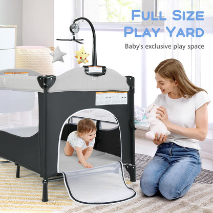 INFANS Pack and Play, 5 in 1 Baby Bedside Sleeper with Bassinet, Diaper Changer, Mattress, Carry Bag, Music Box Hanging Toys, Foldable Bedside Crib, Portable Playard for Newborn Toddlers (Gray)