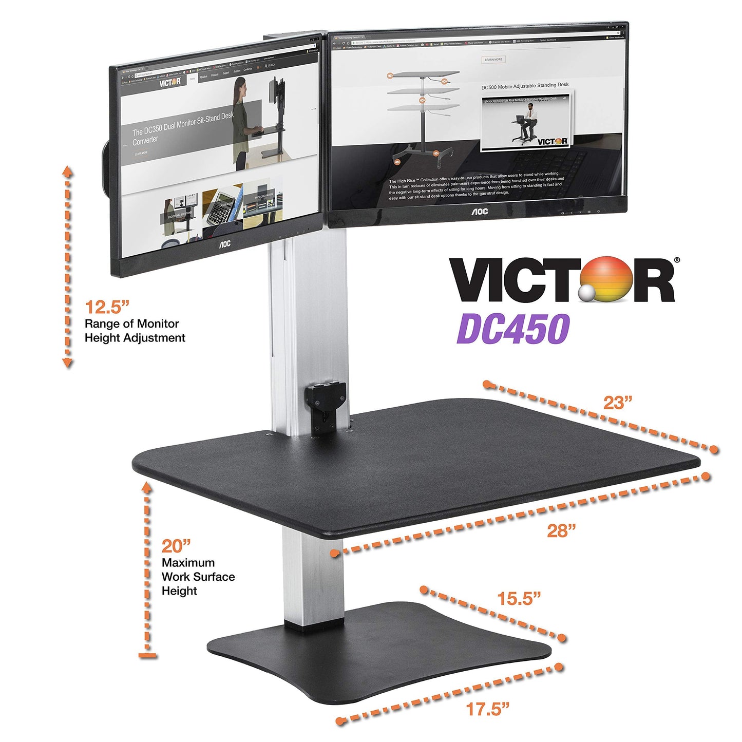 Victor Dual Monitor Electric Standing Desk Workstation, Height Adjustable Sit-Stand Converter with Dual Monitor Support, 28″ x 23″ Work Surface (DC450)