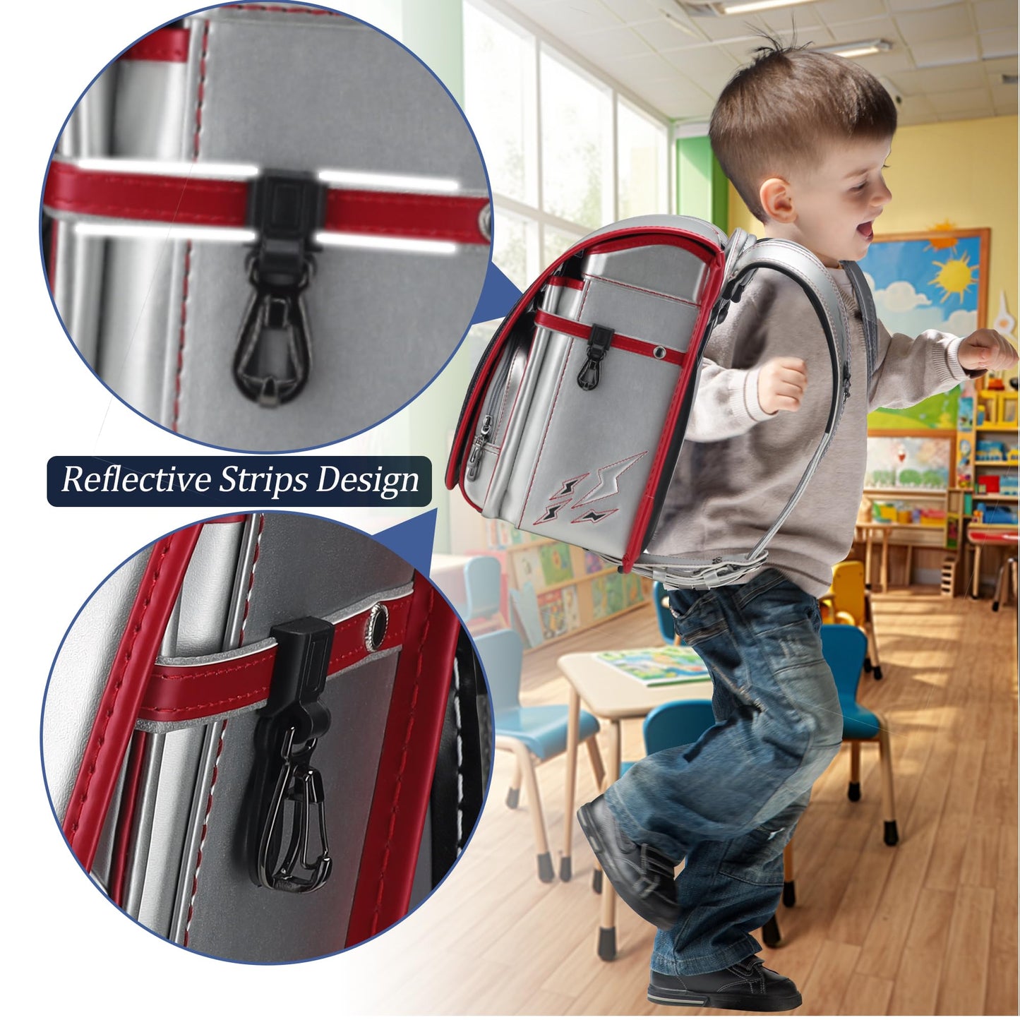 IwaiLoft Ransel Randoseru Backpack with Automatic Satchel for Boys, Japanese School Bag Embroidery PU Bookbag for Men Male (Lightning Silver)