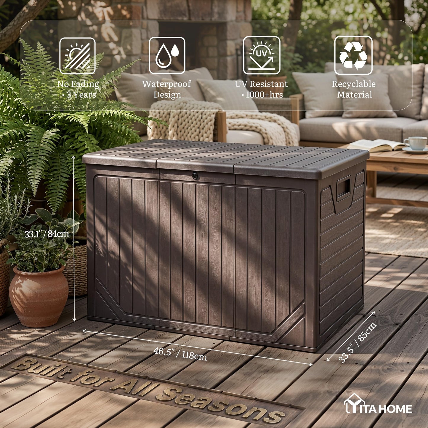 YITAHOME 230 Gallon Extra Large Outdoor Storage Box, Waterproof Double-WallDeck Box with Hydraulic Piston for Garden Tools, Pool Accessories & Cushions, Resin Deck Organizer with Bench Seat(Brown)