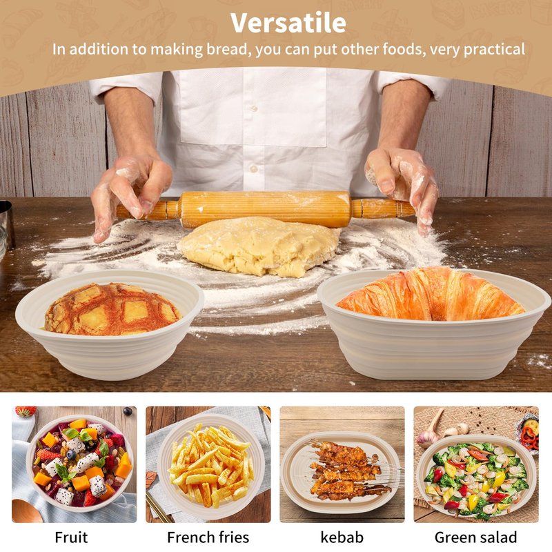 2Pcs Silicone Banneton Bread Proofing Baskets, 10" Oval & 9" Round Foldable Non-Stick Dough Proofing Bowl Containers-BPA Free, Optimum Sourdough Bread Baking Supplies(Beige)