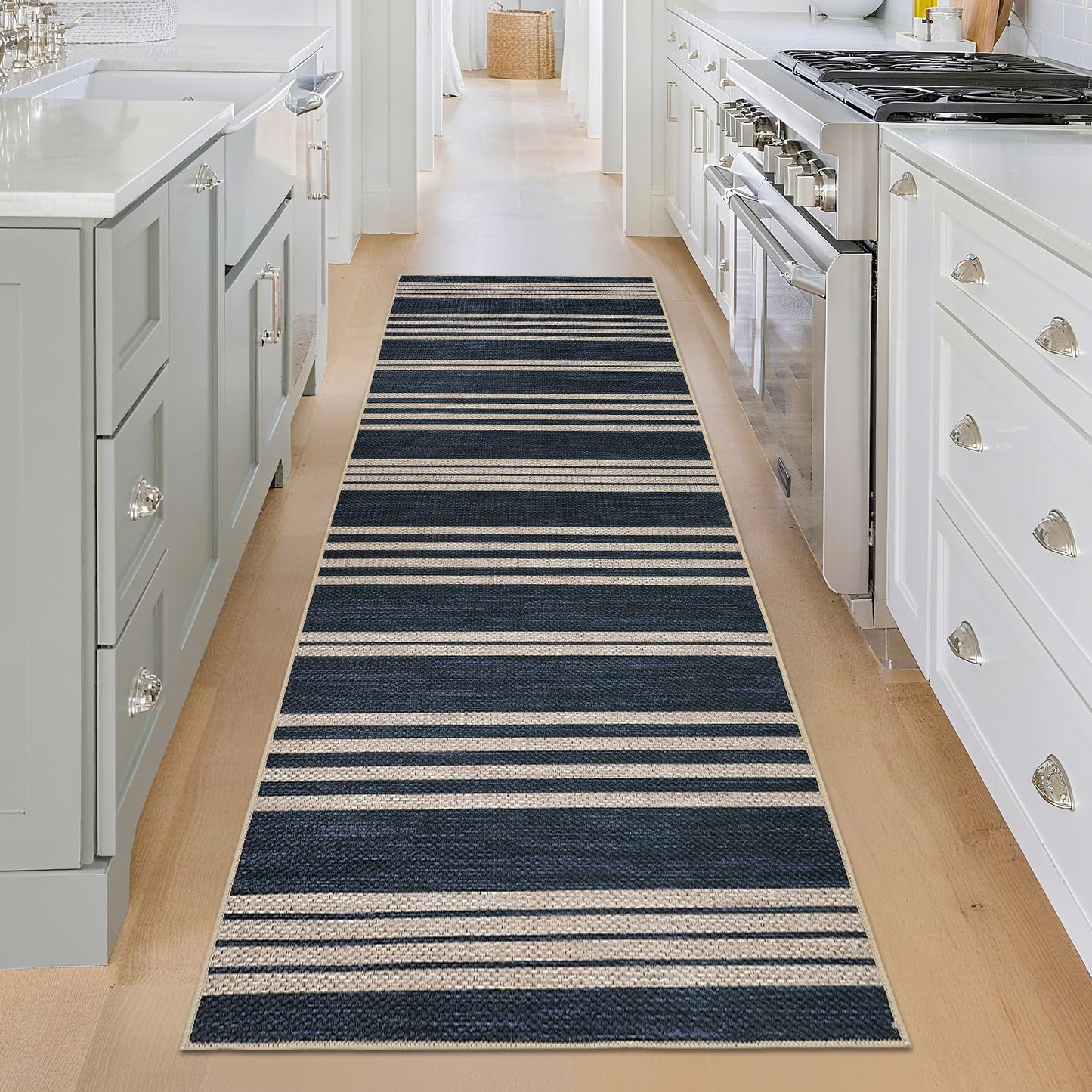 COZYLOOM Washable Living Room Rugs 8x10 Striped Easy Jute Rug with Non Slip Backing, Modern Stain Resistant Farmhouse Rugs for Patio Non Shedding Mats for Dining Room, Bedroom, RV, Navy Blue