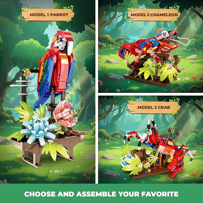3 in 1 Animals Parrot Chameleon Crab Building Block Set Flowers Botanical Animal Building Toy Compatible with Lego Creative Construction Gift for Adults Kids Boys Girls 6+(538PCS)