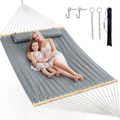 ANAGOO Double Hammock with Spreader Bar & Pillow, 2-Person Portable Hammock, 500lbs Capacity for Outdoor Camping, Patio, Backyard, Garden, Beach & Travel Relaxation – Gray