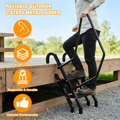 Height Adjustable 2 Steps Ladder with Handrail, Heavy Duty 2 Step Metal Ladder with Non-Slip Pedals for Indoor & Outdoor Steps (450LBs Loading)