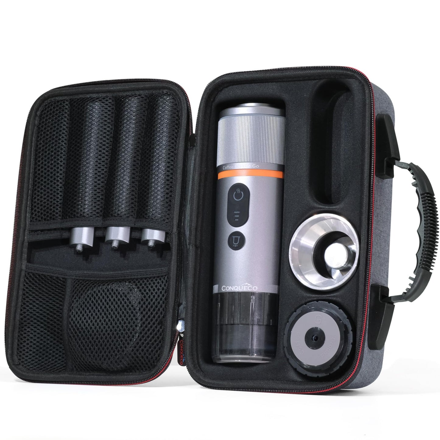 CONQUECO Portable Espresso Machine Travel: 12v Car Coffee Maker Set with Battery for Camping - Small Electric - 2.5 Mins Heating - With Ground Coffee & NS Capsule & Handbag for RV, Hiking, Office
