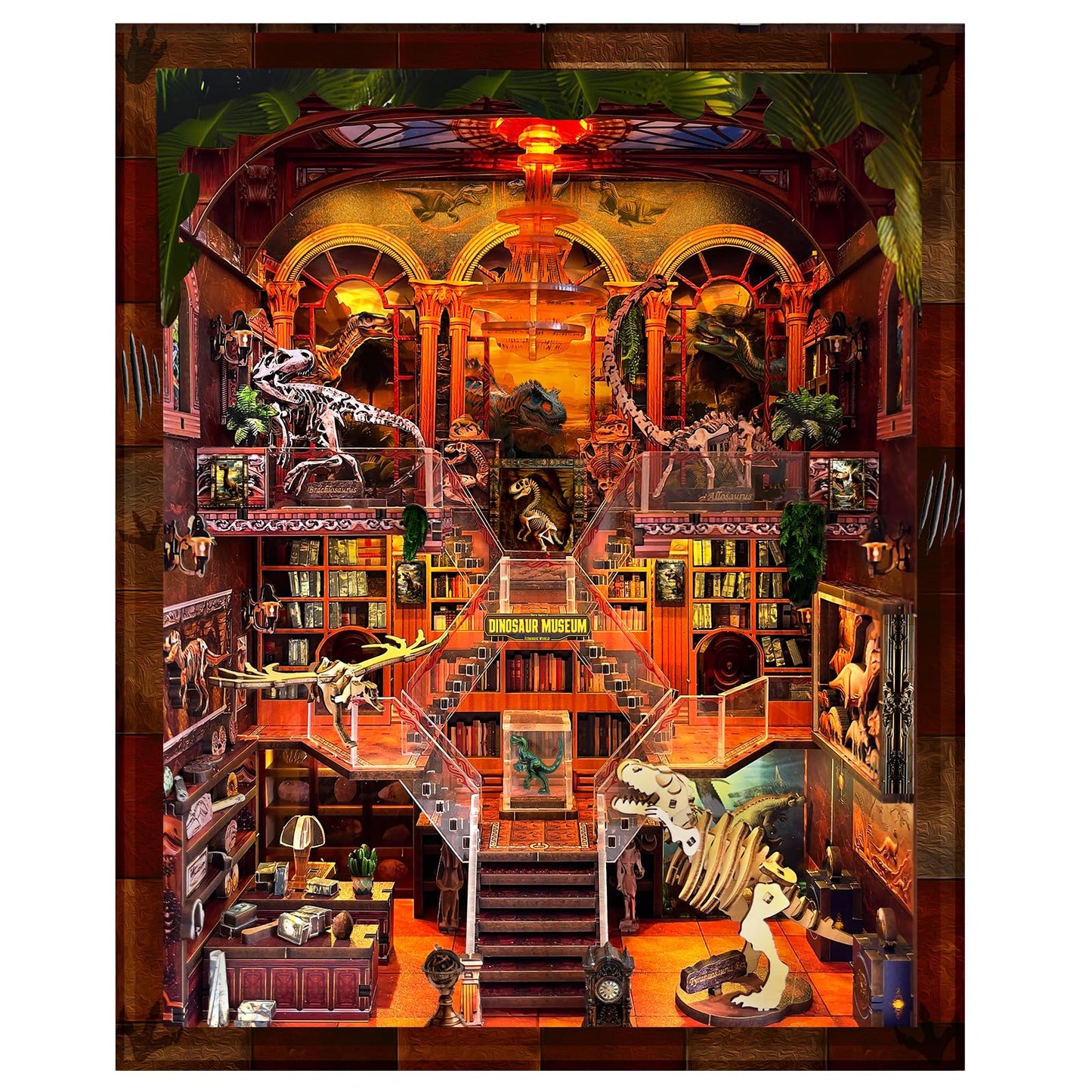 Book Nook Kit - DIY 3D Wooden Puzzle Miniature House with LED Lights - Creative Crafts for Adults - Bookshelf Insert Decor - Educational Gift for Family & Friends（Dinosaur Museum）