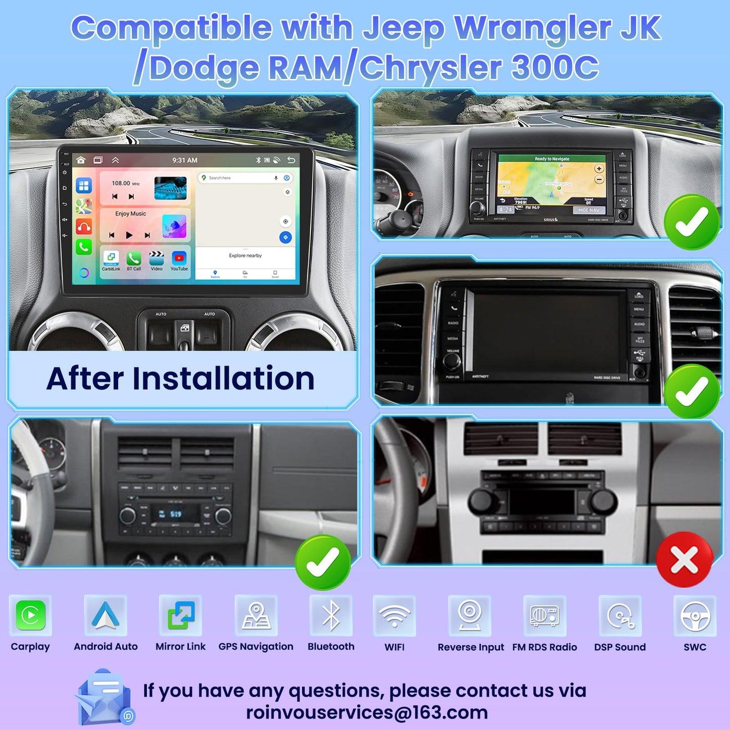 [8 Cores 4+64G] Car Radio for Jeep Wrangler JK Compass Grand Cherokee Dodge Ram, 10.1" 1280 * 720 Touch Screen Carplay Android Auto with 32EQ/Bluetooth5.0/GPS Navigation/5G WiFi