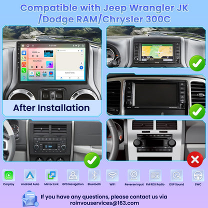 [8 Cores 4+64G] Car Radio for Jeep Wrangler JK Compass Grand Cherokee Dodge Ram, 10.1" 1280 * 720 Touch Screen Carplay Android Auto with 32EQ/Bluetooth5.0/GPS Navigation/5G WiFi