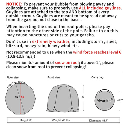 Alvantor® Pop Up Bubble Tent® - 15’ x 15’ Instant Igloo Tent® - 12-15 Person Screen House for Patios - Large Oversize Weather Proof Pod - Cold Protection Camping - Beige