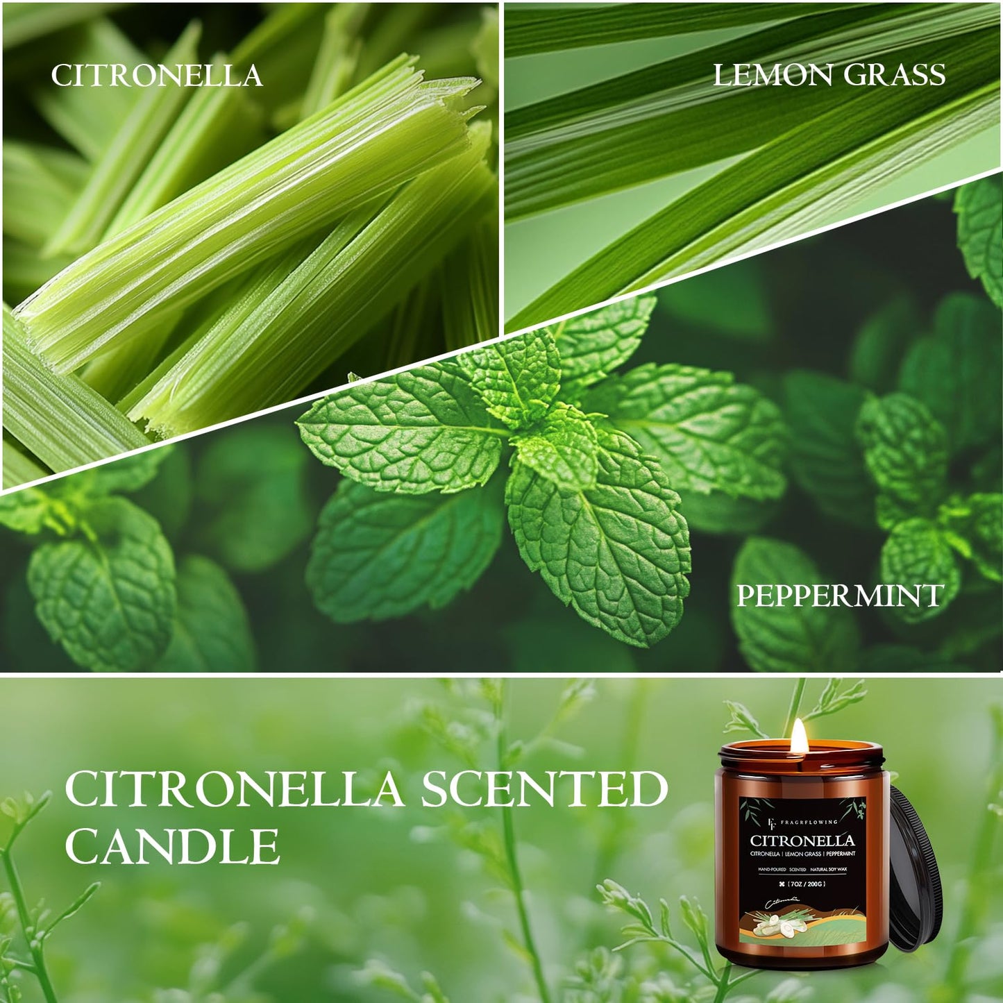Citronella Candle, Indoor Outdoor Lemongrass Scented Candle，Natural Soy Wax Jar Candle, 50-Hour Burn Time, 7 oz