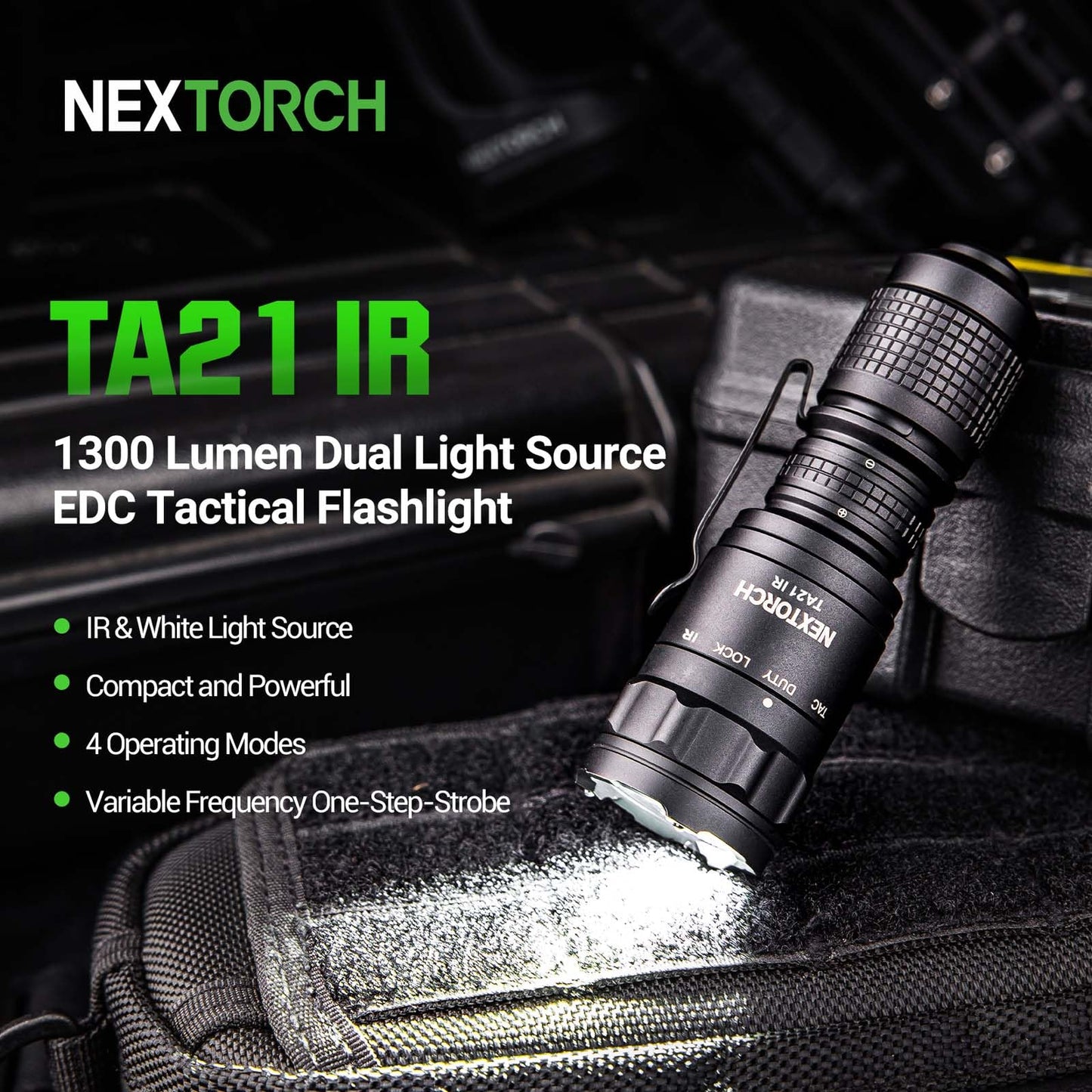 NEXTORCH TA21 IR Tactical Flashlight, 1300 Lumens White & IR Dual Light, One-Step-Strobe, 4 Modes, IPX8 Waterproof, USB-C Rechargeable EDC Portable Light for Outdoor Camping Hiking Emergency