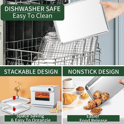 CEKEE Stainless Steel Baking Sheet Set - Heavy Duty Cookie Pans with Cooling Racks | 9 x 7 Inch, Dishwasher Safe
