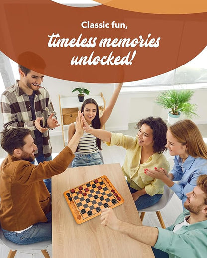WE Games Solid Wood Checkers Board Game – 14.5-Inch Vintage Checkers Set with Inset Grooves &amp 24 Red &amp Black Board Game Pieces – Fun Family Table Game
