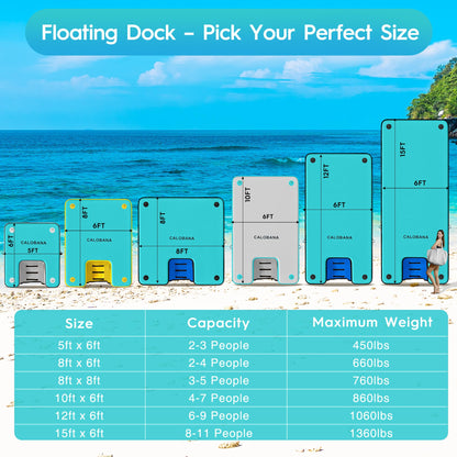 CALOBANA 8ft×6ft Inflatable Floating Dock with Dog Ramp, Float Island with Boat Ramp for Adults & Pets, Heavy Duty Lake Dog Raft Dock Platform with Ladder for Sea or River,Party,Grey+Mint Green