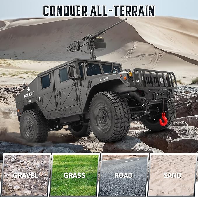 1:14 Scale 4WD Off-Road Car RC Crawler Military Truck with Winch Led Light All-Terrain Remote Control Car RTR Hobby Toy Armored Vehicle Gift for Boys Adults
