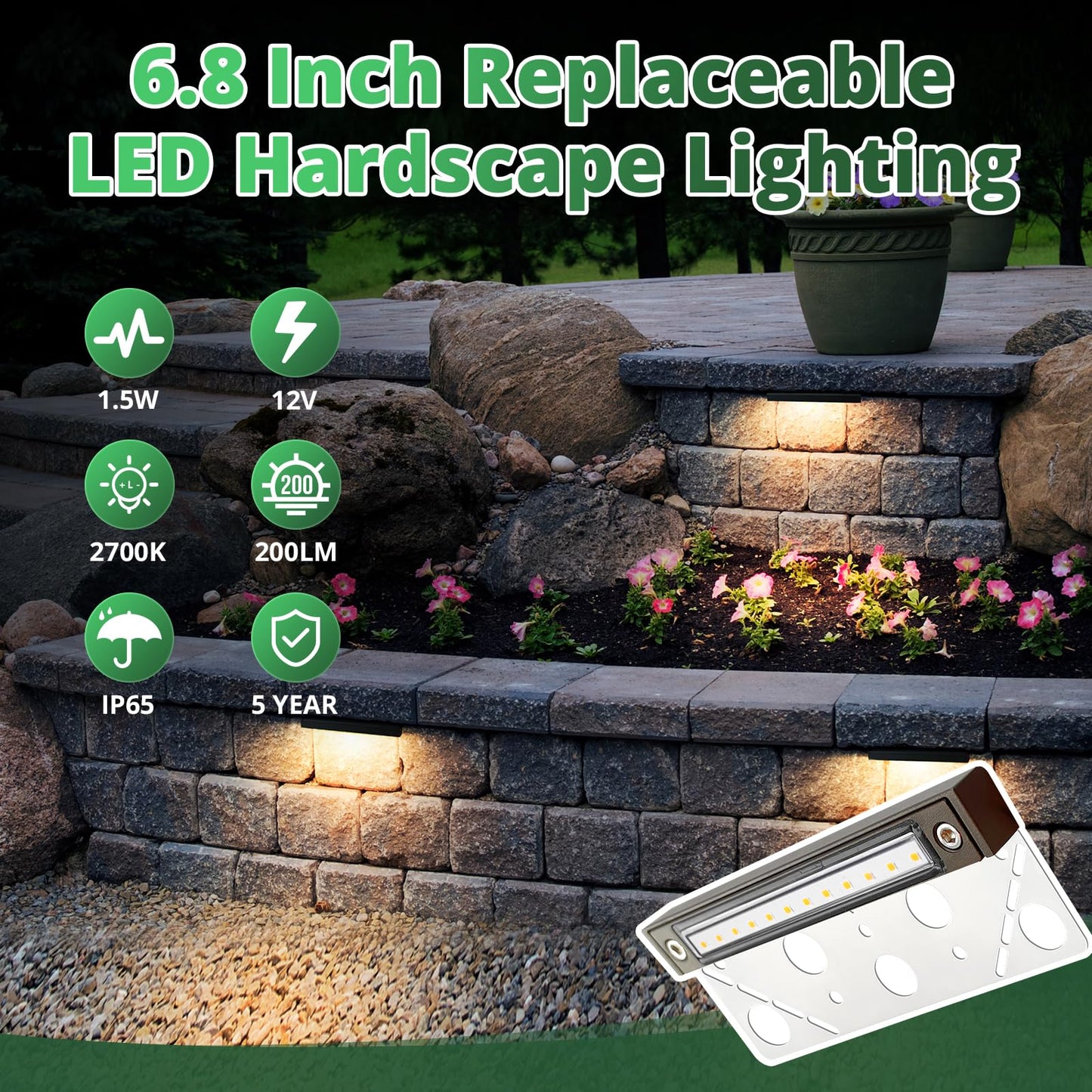 GKOLED 8-Pack Replaceable 6.8" LED Hardscape Lights, Low Voltage Retaining Wall Lights, Paver Wall Hardscape Lighting, Outdoor Landscape Step Lights, 12VAC/DC 1.5W 2700K, Die-cast Aluminum Housing
