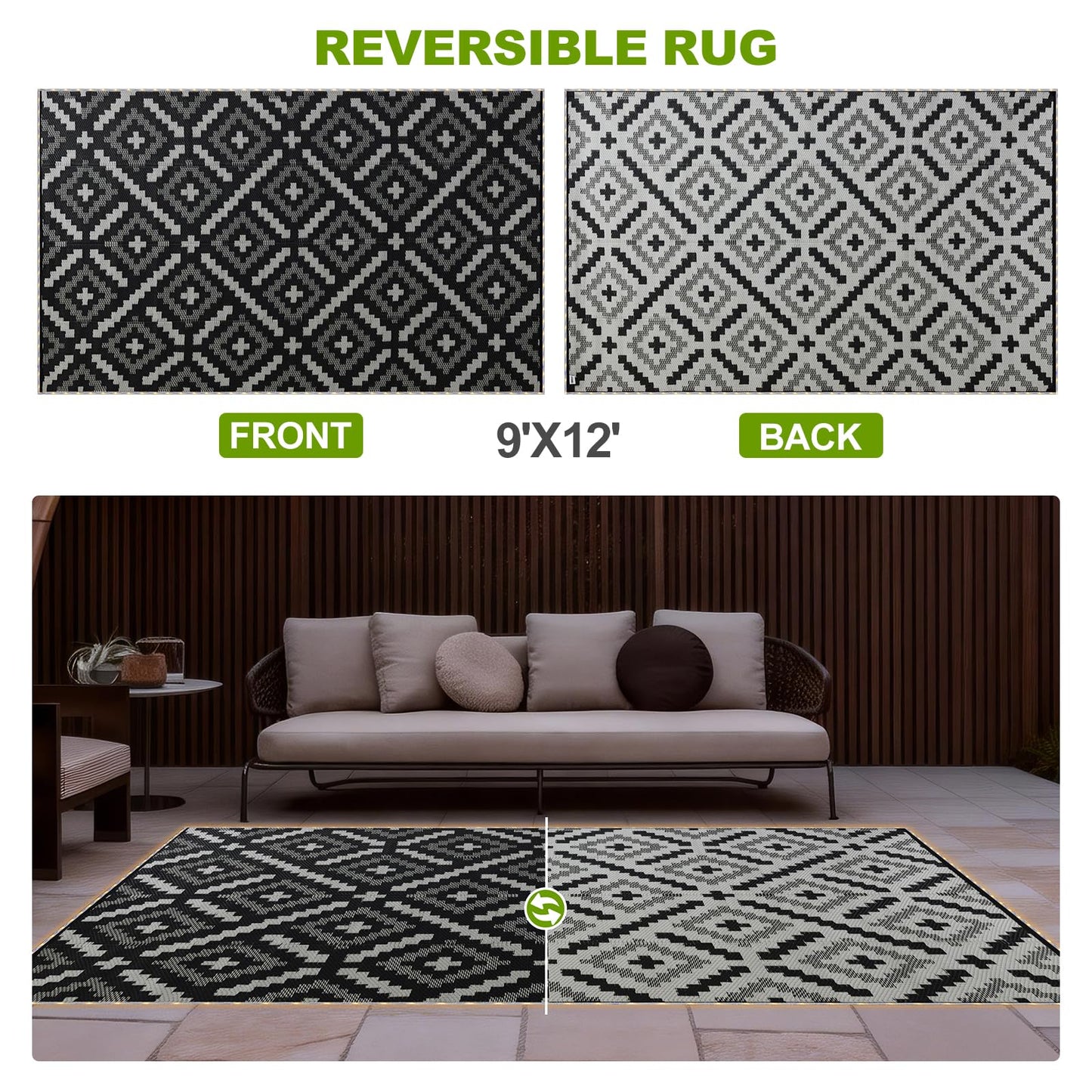 YONILE 9x12 ft Outdoor Rug Waterproof for Patio with LED Light,Large Outdoor Plastic Straw Rug,Reversible Plastic Area Rugs Mat Outside Carpet for RV, Deck, Porch, Picnic, Beach, Balcony