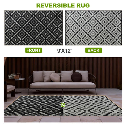 YONILE 9x12 ft Outdoor Rug Waterproof for Patio with LED Light,Large Outdoor Plastic Straw Rug,Reversible Plastic Area Rugs Mat Outside Carpet for RV, Deck, Porch, Picnic, Beach, Balcony