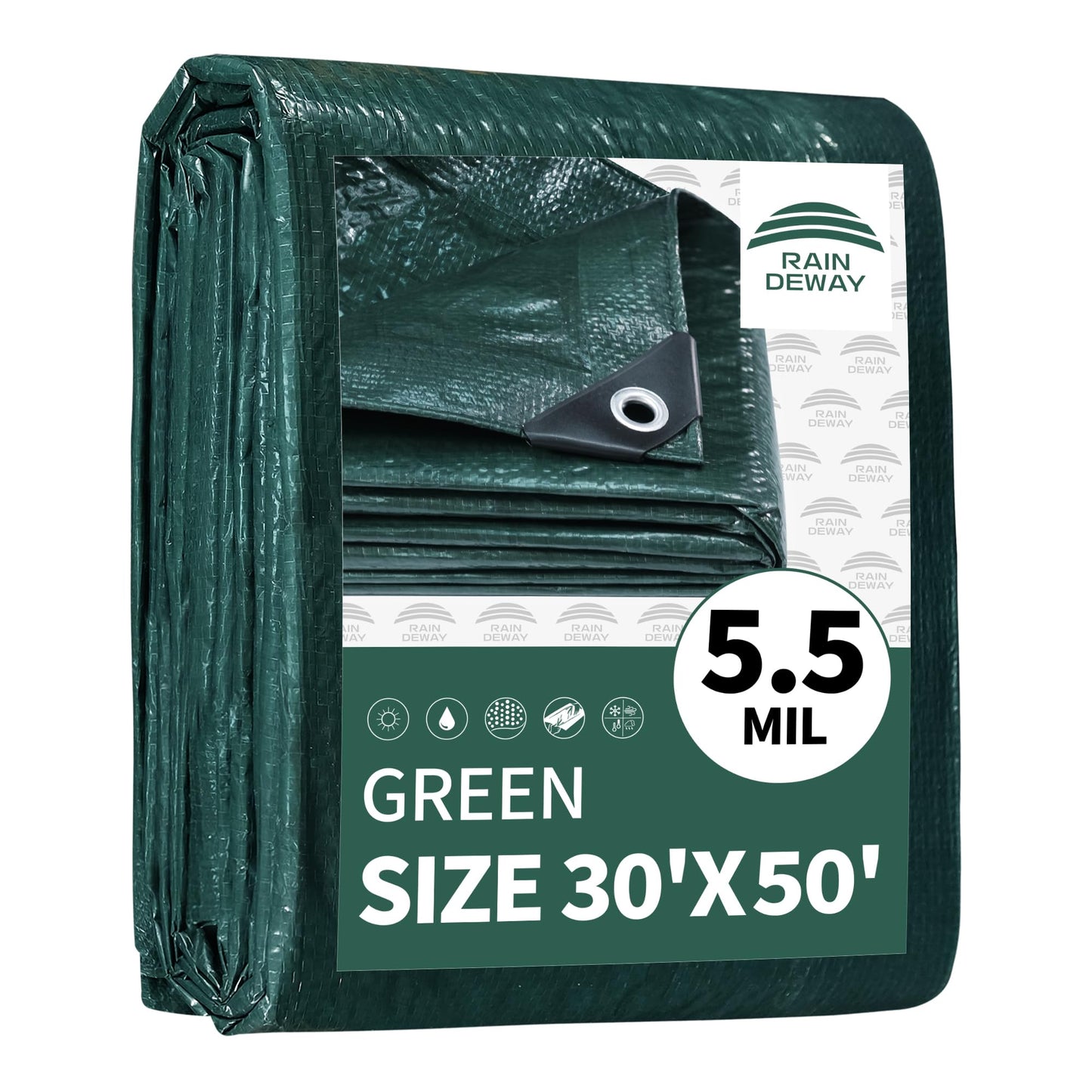 RAINDEWAY 30x50 Feet Tarp, Green Large Tarps,5.5 Mil Thick,Multipurpose Waterproof Poly Tarps Cover with Metal Grommets and Reinforced Edges