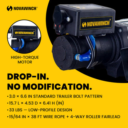 Novawinch Flex 5000 lb Trailer Winch 12V Electric - IP68 Sealed Planetary Gearbox, Wire Rope, Auto Load-Holding Brake, Waterproof Remote - Flatbed, Boat Trailer, Equipment Hauler, Car Hauler, SAE
