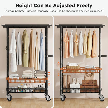 SOLEDI Heavy-Duty Clothes Rack, 1000 LBS clothing rack with wheels Load Capacity Double Rod Clothing Rack with Shelves & Lockable Wheels, Suitable for Bedroom, Entryway, Living Room & Garage (black)