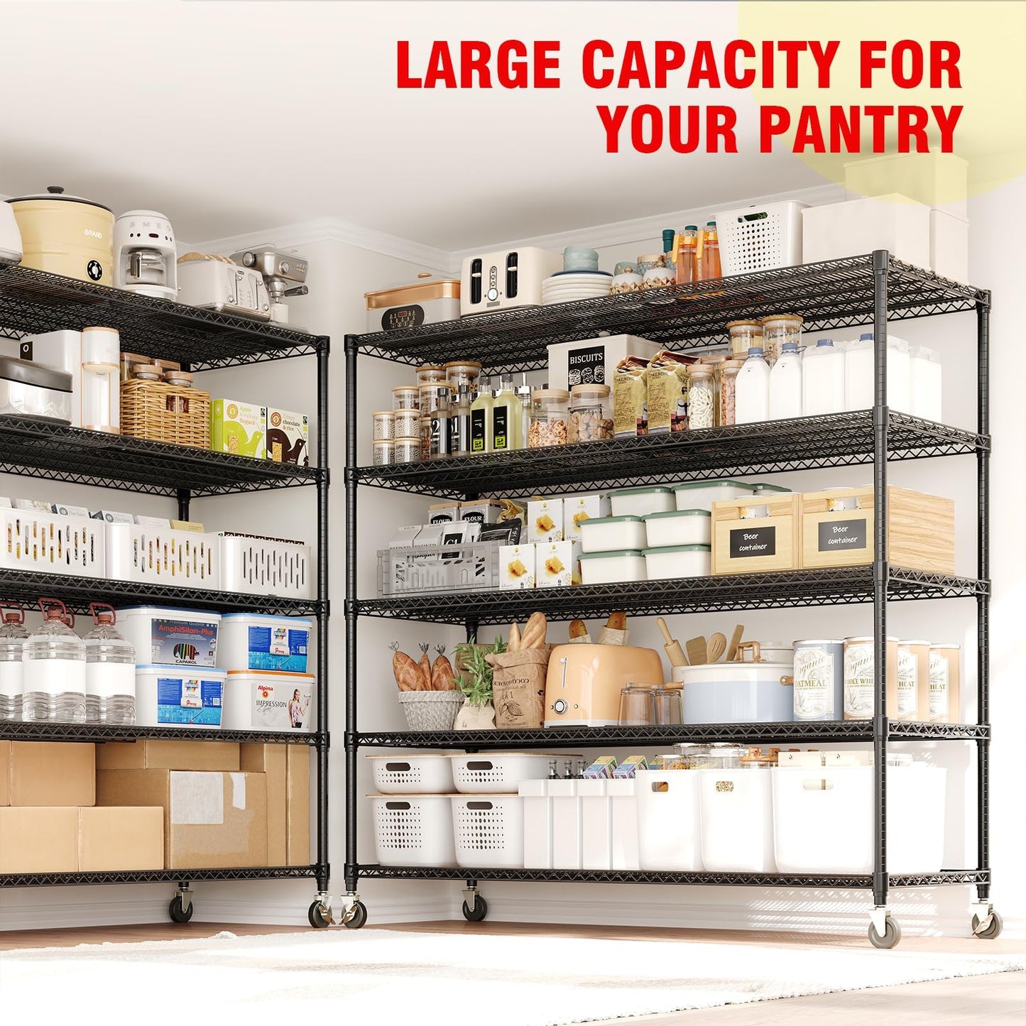 PeacefulHues 82.6" H Storage Shelves 3300LBS Heavy Duty Shelving Unit with Wheels & Feet, 5-Tiers Garage Shelving for Pantry Garage Kitchen Home Commercial, 82.6" H x 59" W x 23.6" D