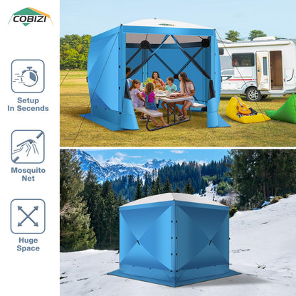 COBIZI 10x10 Pop Up Gazebo Screen Tent Screen House for Camping, Screen Room with Mosquito Netting, Hub Tent Instant Screened Canopy with Carrying Bag and Ground Stakes, Blue