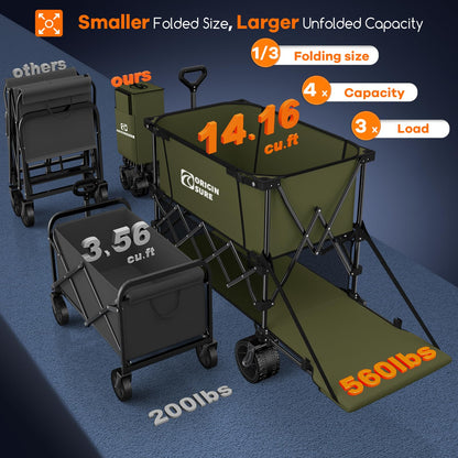400L Double Decker Wagon Collapsible with 54" L Tailgate, 560lbs Heavy Duty Wagons Carts Foldable, Extra Large Folding Beach Wagon with Big All-Terrain Wheels for Camping, Sports, Groceries, Green
