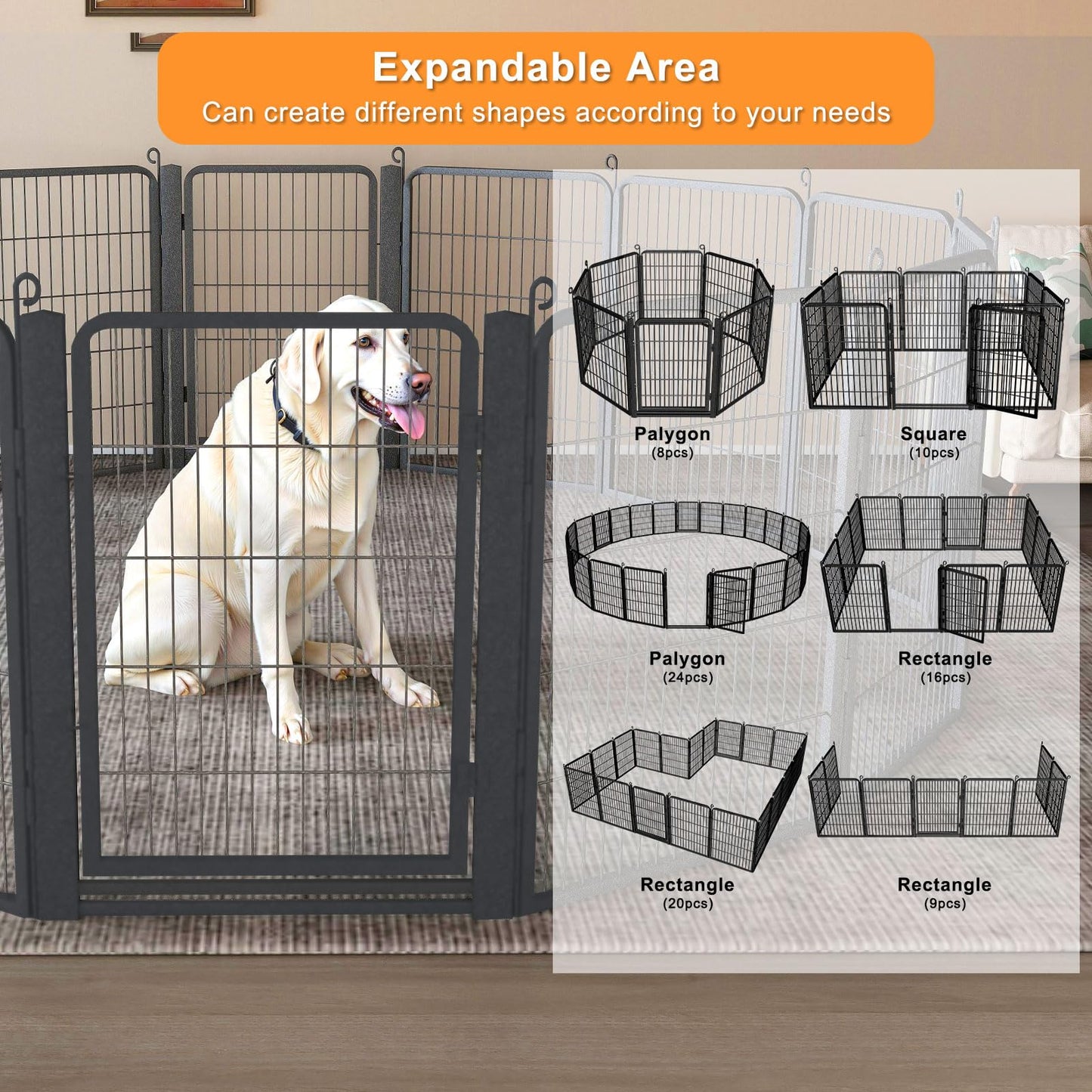 1R2P3I Dog Playpen Outdoor with Low Threshold Gate, 32 inch 10 Panels Dog Play Pen Indoors, Heavy Duty Metal Puppy Playpen Dogs Pen, Rust-Resistant Pet Playpens for Yard RV Camping