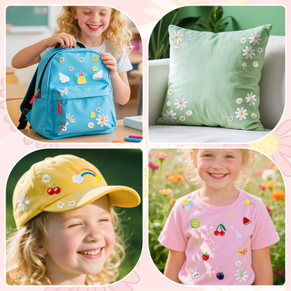 Mini Iron On Patches for Clothes 65Pcs Cute Self Adhesive Embroidered Patches Set with Daisy, Fruits-Kids DIY Trucker Hat Patches for Jackets, Bags, Leis