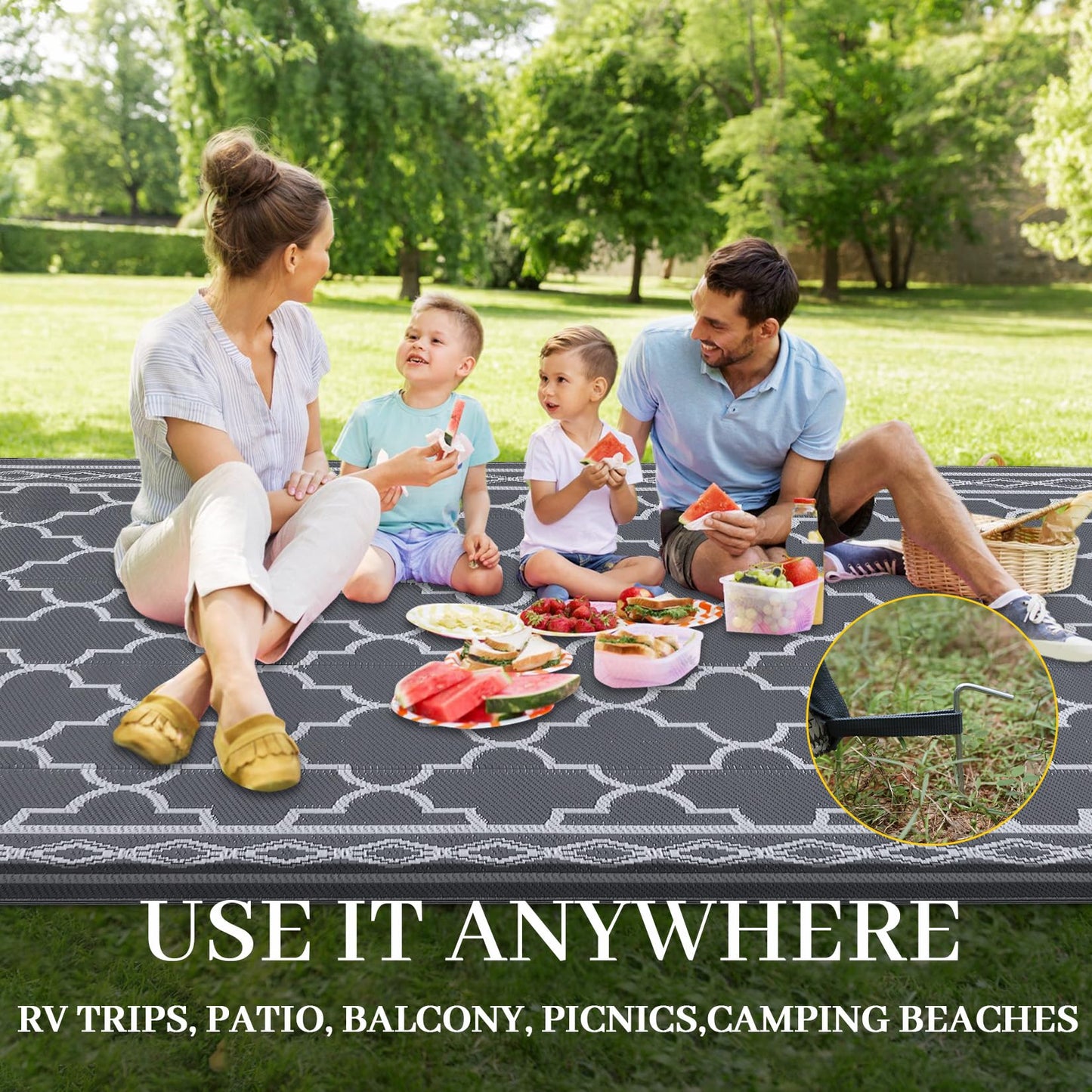 GlowSol Reversible Outdoor Rug 9x12 ft Clearance, Waterproof Outdoor Plastic Straw Rug with Carry Bag, Modern Geometric Patio Rug,RV Mat for Porch,Deck,Backyard,Camping,Balcony,Deck,Backyard,Grey