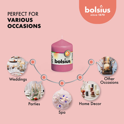 BOLSIUS 10 Pink Pillar Candles - 2.25 x 3.25 Inches - Premium European Quality - Individually Wrapped - 17 Hour Burn Time - Dripless Smokeless Unscented Dinner, Wedding, Party, & Restaurant Candles