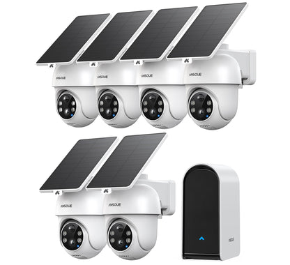ANSQUE Security Cameras Wireless Outdoor Home System, 6 Camera Kit, No Subscription Fees, Solar Powered, Local Storage, 365-Day Battery Life, 360°PTZ Surveillance, Auto Tracking, 2K Color Night Vision
