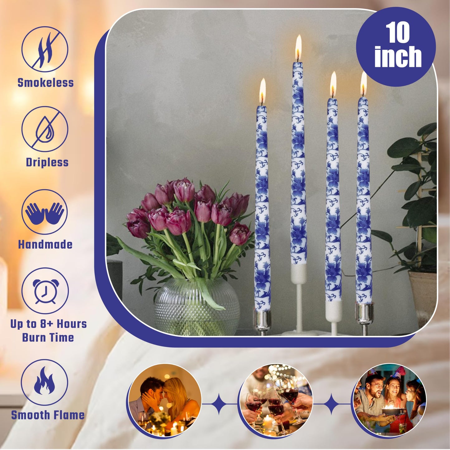 Blue and White Porcelain Taper Candlesticks 10 in Print Taper Candles Unscented Smokeless Handmade Printing Candle Tall Tapered Candle Sticks for Home Dinner Wedding Decor Simple Modern, 4 Pack