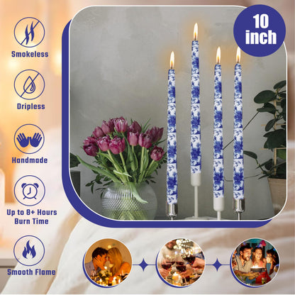 Blue and White Porcelain Taper Candlesticks 10 in Print Taper Candles Unscented Smokeless Handmade Printing Candle Tall Tapered Candle Sticks for Home Dinner Wedding Decor Simple Modern, 4 Pack