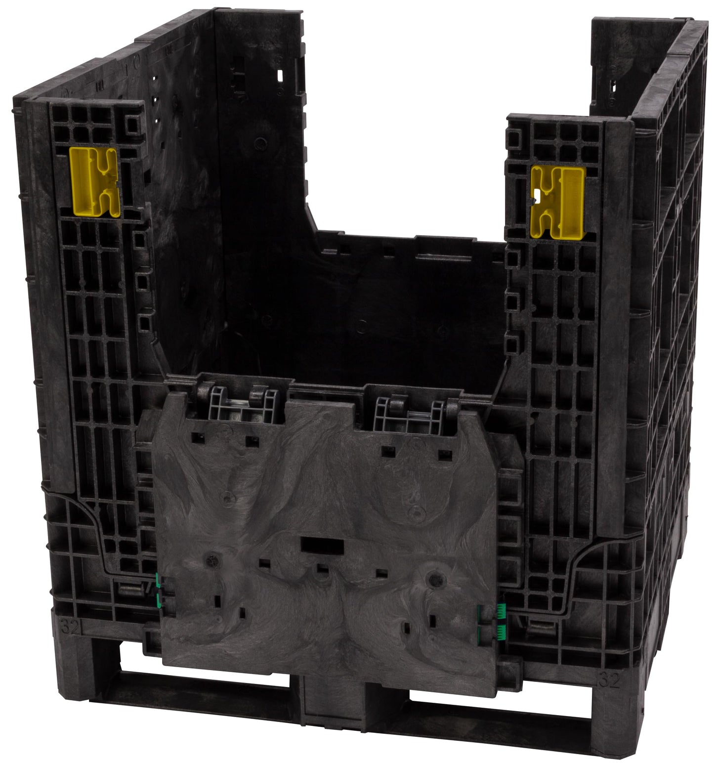 Buckhorn 32" x 30" x 34" Collapsible Bulk Box Container, Standard Duty Plastic Stacking Gaylord Box with 4-Way Forklift Access and 2 Drop Doors, 1700 lb Capacity Storage Tote, Black (BN32303420)