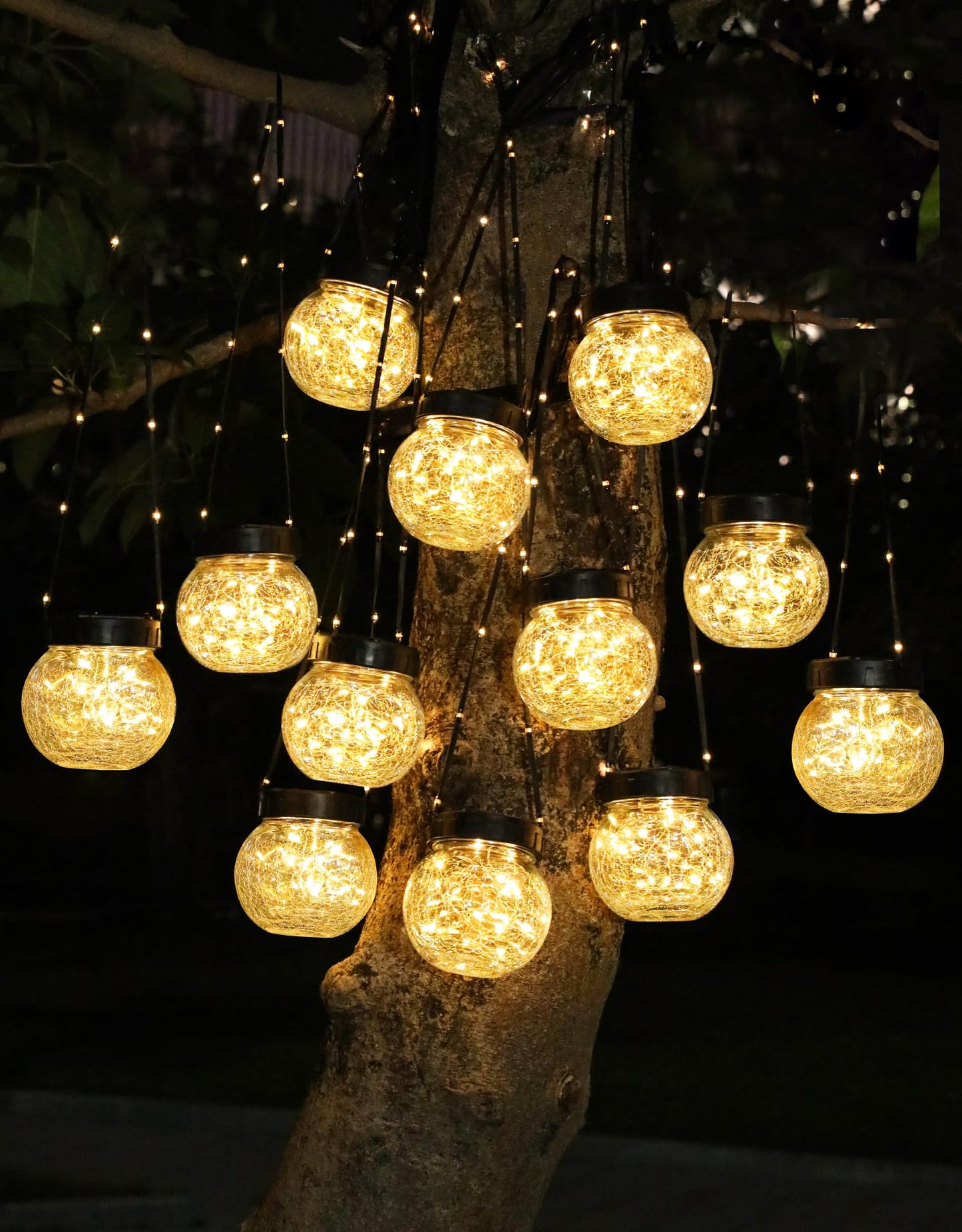 PARTPHONER Solar Lights Outdoor Waterproof 24-Pack, Solar Powered Hanging Lantern Cracked Glass Hanging Globes for Yard Decor Christmas Decoration, Shepherd Hook, Garden Tree Table Ornaments, Warm