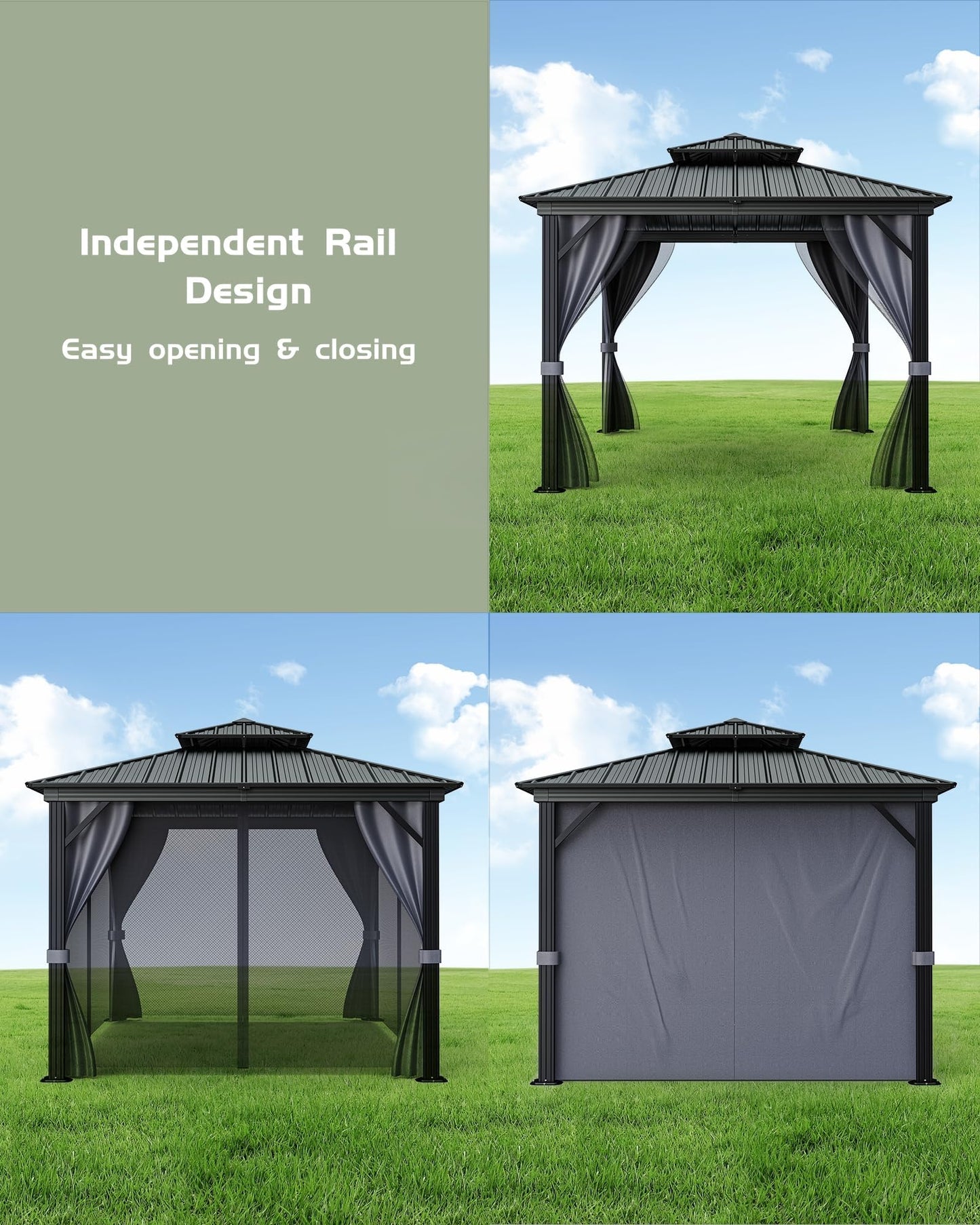 12'X12' Hardtop Gazebo, Outdoor Double Roof Galvanized Steel Gazebo, Aluminum Heavy-Duty Steel Top Canopy with Mosquito Net & Privacy Curtain for Patio, Porch, Garden, Lawn, Deck, Backyard,Gray