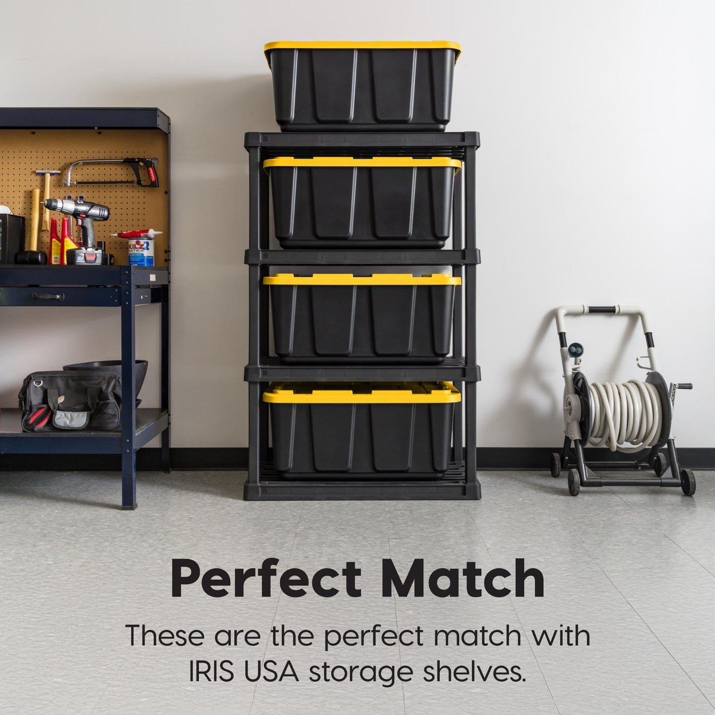 IRIS USA 4-Pack 27 Gallon Storage Bins with Lids |Made in USA| Heavy Duty Plastic Tote Containers for Truckbed Tool Box Organization, Large - Black/Yellow