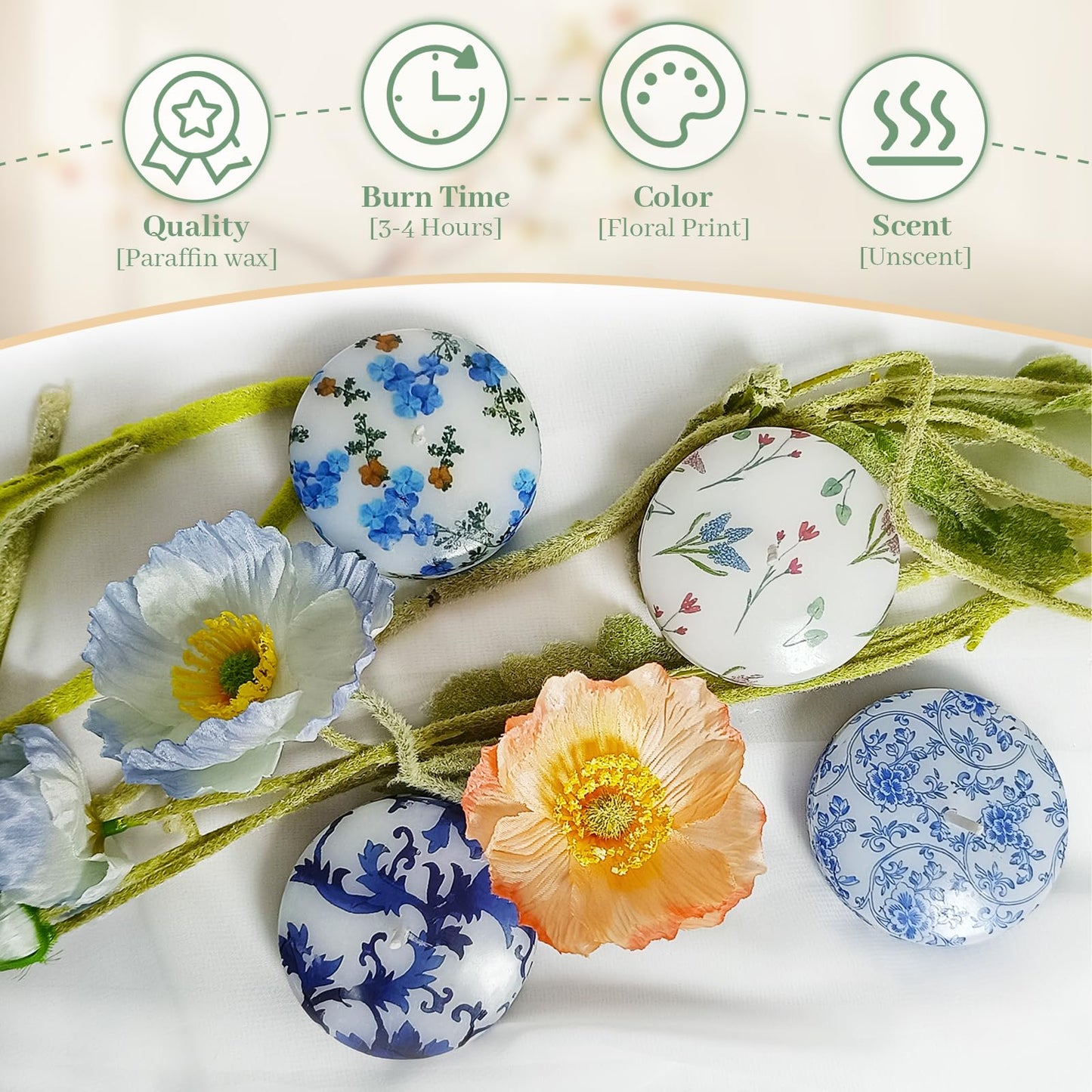 4 Pack Print Floating Candles 2 inch Floral Floating Candle with 2 Pearl String Unique Unscented for Centerpieces Wedding Christmas Lights Romantic Night (Hyacinth Flower Pattern)