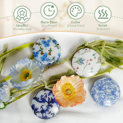 4 Pack Print Floating Candles 2 inch Floral Floating Candle with 2 Pearl String Unique Unscented for Centerpieces Wedding Christmas Lights Romantic Night (Hyacinth Flower Pattern)
