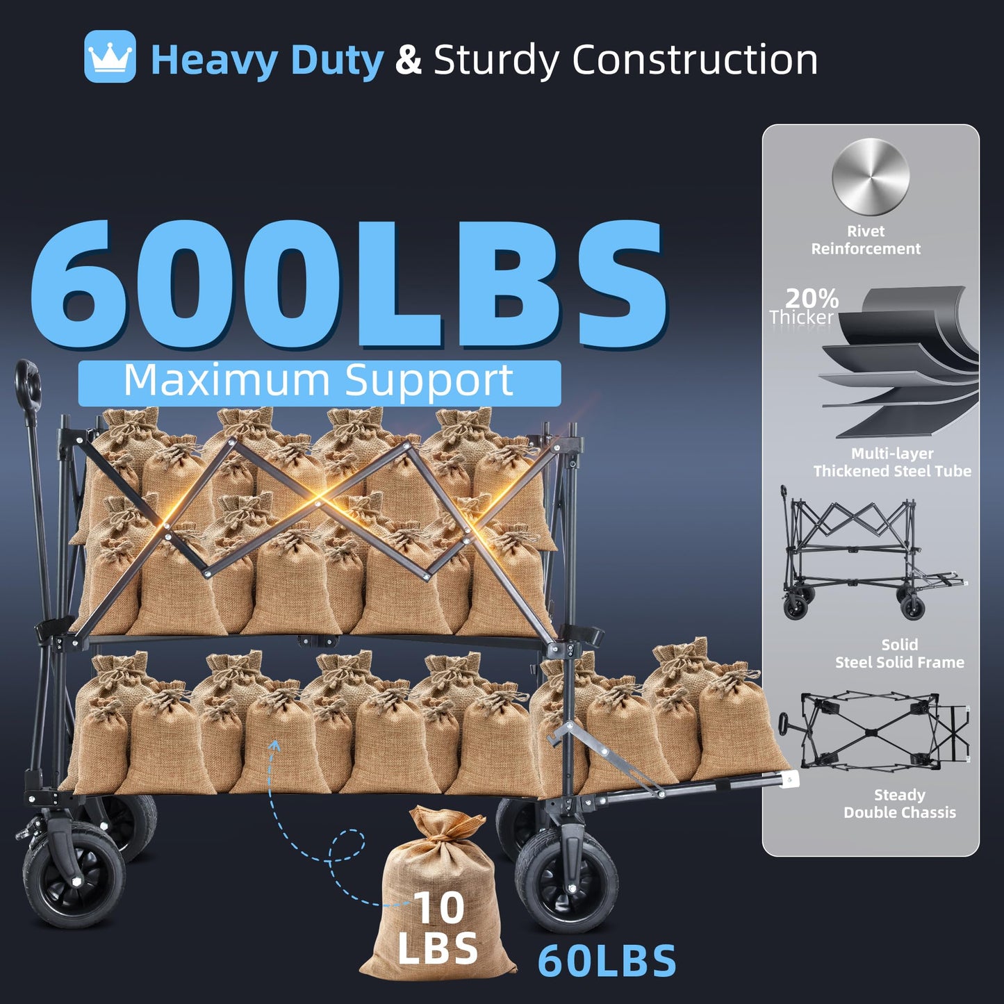 BARWING 460L Folding Large Collapsible Wagon, Heavy Duty Wagons Carts with All-Terrain Sand Wheels 600LBS,50" Extended Double-Decker Wagon with Height Extension Nets for Camping and Fishing