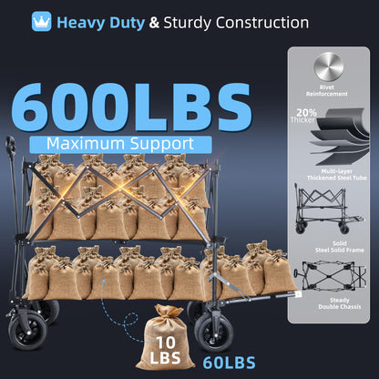 BARWING 460L Folding Large Collapsible Wagon, Heavy Duty Wagons Carts with All-Terrain Sand Wheels 600LBS,50" Extended Double-Decker Wagon with Height Extension Nets for Camping and Fishing