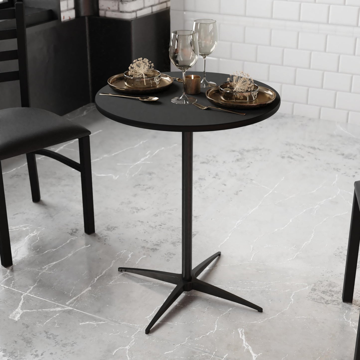 Flash Furniture Lars Black 24'' Round Wood Cocktail Table with 30'' and 42'' Columns