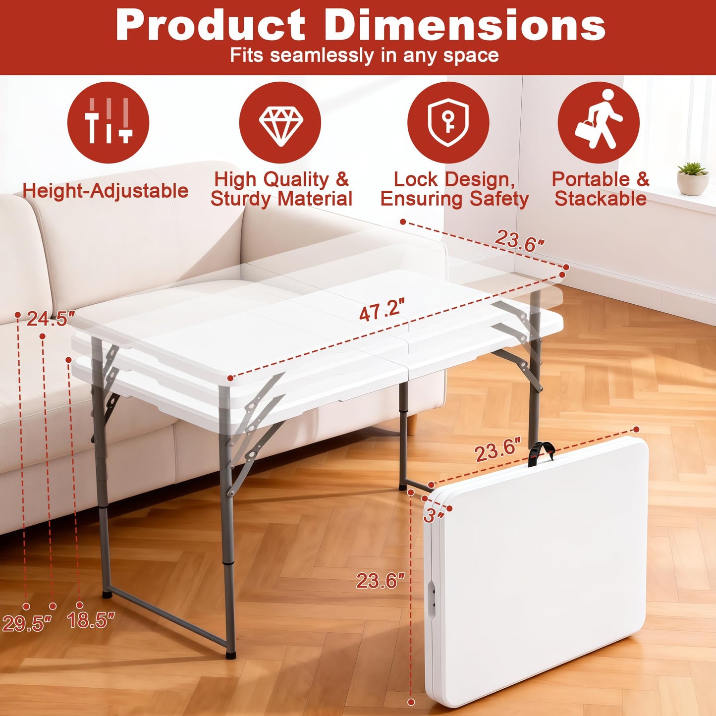Elevon Folding Table Set of 2,4 Feet Heavy Duty Fold-in-Half Utility Table Indoor Outdoor for Camping, Picnic,Party